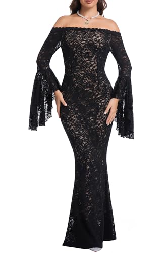 Image of Cercis Womens Off The Shoulder Floral Lace Maxi Wedding Dress Boho Flowy Wedding Guest Formal Long Dresses