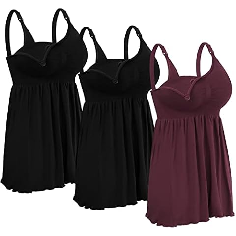 iLoveSIA 3Pack Women's Maternity Nursing Tank Tops,Seamless Maternity Pajama Tops with Built in Bra,Nursing Camisole Tops for Breastfeeding XXL Size Black+Burgundy Cover