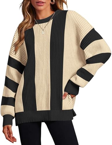 Image of Zeagoo Women 2026 Fall Lightweight Oversized Sweater Crew Neck Long Sleeve Color Block Pullover Rib Knit Blouse Tops XS-2XL