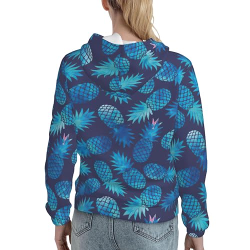 Sweat à capuche bleu imprimé ananas pull ajusté avec poche femme