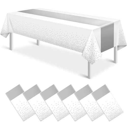 MASHAN 6Pcs White and Silver Polka Dot Plastic Tablecloth, 54x108 Inch, Rectangular, Waterproof, Spill-proof, Stain Resistant, Ideal for Various Themed Parties, 6 Count