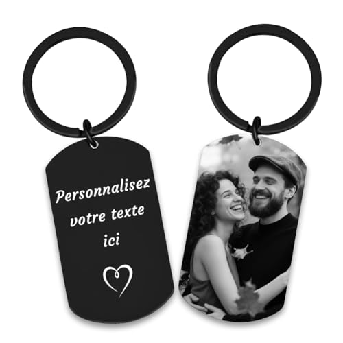 Porte-clés personnalisé photo et texte - Le cadeau unique pour la Fête des Pères - Pour Papa, Père ou Grand-père (Gris)