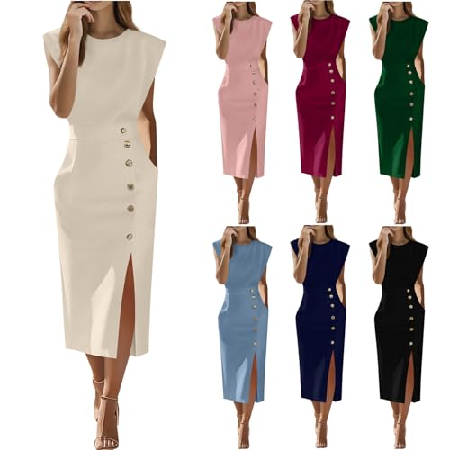 HGps8w Women's Wedding Guest Sheath Dresses Sleeveless Elegant Button Decor Side Slit Work Pencil Midi Dress with Pockets2