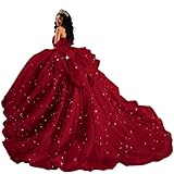 XYAYE Puffy Tulle Quinceañera Dresses 2025 Glitter Off Shoulder Burgundy Layered Quince Dress Long Puffy Corset Ball Gown Size 4