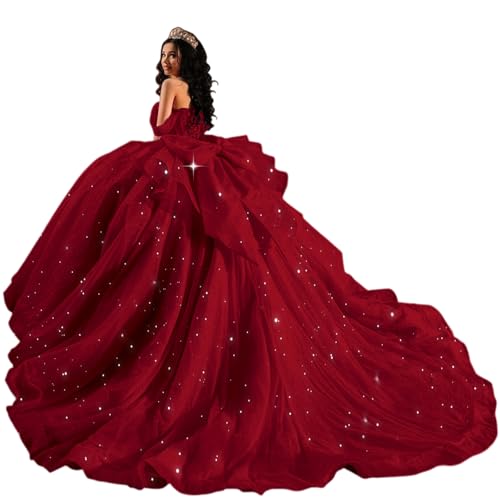 XYAYE Layered Tulle Burgundy Quinceanera Dresses with Train Glitter Off Shoulder Beaded Vestido de 15 aos Puffy Tiered Sweet 16 Dresses Size 0