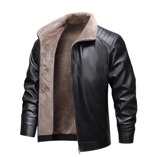 Men's Winter Fleece Lined Motorcycle Jacket Fashion Biker Style Faux Leather Casual Outdoor Coat, Black, X-Large