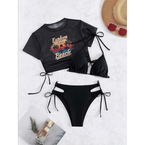 Image of Sexybody Women's 3 Piece Swimsuit Halter String Bikini Tie Side Mesh Short Sleeve Bathing Suits