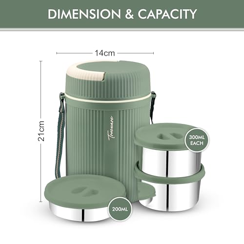 Image of Trueware Plastic Grub 2 Double Wall Insulated Hot Lunch Box with 2 Ss Container 300 Ml Each & 1 Ss Container 200Ml | Bpa Free | Food Grade | Hot and (LBI-GRB-002-Green BAZ)