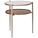 Rivet Modern White Marble and Wood Double Storage Wood Shelf Side End Table, 21.3"H, White/Brass/Walnut