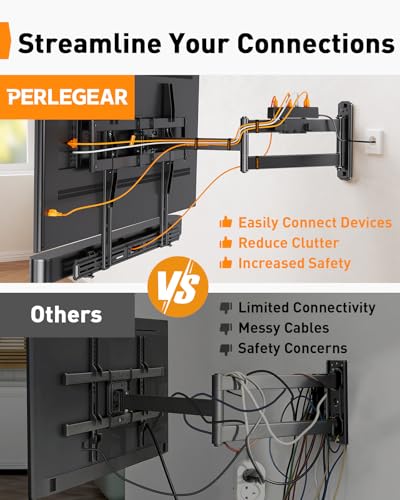 Image of Perlegear Long Arm TV Wall Mount Full Motion with Surge Protection Power Strip for 38-75 Inch TVs, Corner TV Mount with 31.5″ Long Extension, Swivel, Tilt, Max VESA 600x400mm, Holds up to 100 lbs