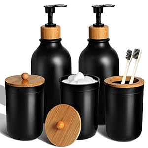 MIERTING Bathroom Accessories Set 5 Pcs, Matte Black, Plastic Soap Dispenser and Toothbrush Holder Set, Qtip & Cotton Ball Holder – Boho Decor