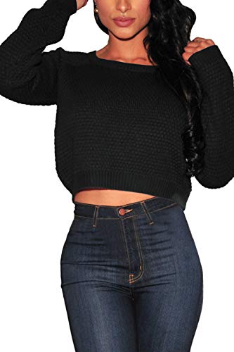 Pink Queen Women's Sweater Long Sleeve Pullover Crop Top Black Size S #TOP1