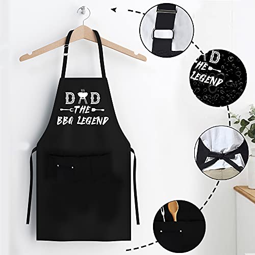 Skull Chef Dad The Bbq Legend Apron, Black Funny Grill Aprons For Men With 3 Pockets, Cute Birthday Father's Day Holiday Bbq Gifts For Men Dad Husband, Funny Kitchen Chef Cooking Apron For Dad #TOP2