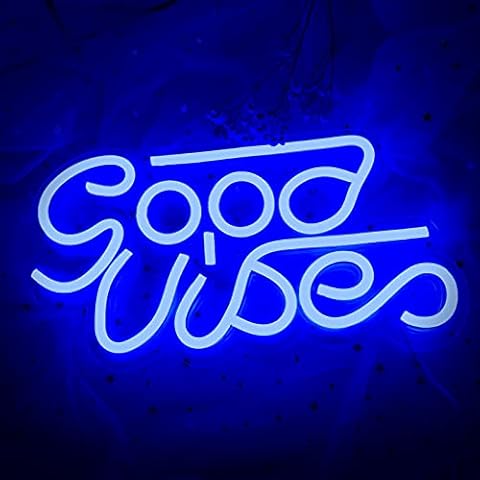 Good Vibes Neon Signs (13" X 7"), Cisteen Led Neon Light Signs with Acrylic Board, Goodvibes Neon Word Light Wall Decor Powered by USB for Bedroom, Makeup Room, Game Room,Bar,Wedding,Party (Blue) Cover