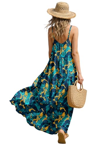 Image of YESNO Summer Bohemian Floral Dresses for Women Spaghetti Straps Maxi Dress Casual Flowy Dresses with Pockets ES0