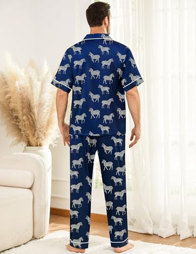 Image of SWOMOG Mens Silk Pajamas Set Satin Pj Set Short Sleeve Sleepwear Button Down Lounge Set with Drawstring & Pockets S-3XL
