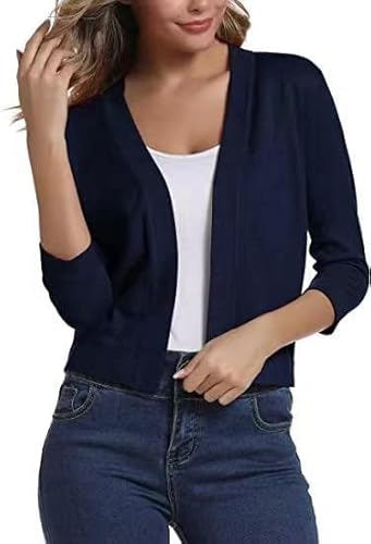 Cardigans Cropped Sweaters for Women Loose Fitted Open Front Jacket Casual Elegant Shrugs Shoulder Sweatershirt (Dark Blue,Large)