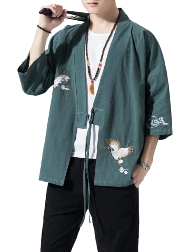 Image of Men's Japanese Kimono Cardigan Loose Cotton Linen 3 /4 Sleeve Open Front Casual Summer Shirt Jackets