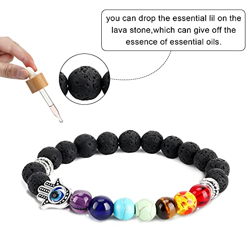 Hicarer 4 Pieces Evil Eye Bracelet Set Hamsa Charm Beaded Chakra Charm Stretch Bracelet for Women(Elegant Style)3