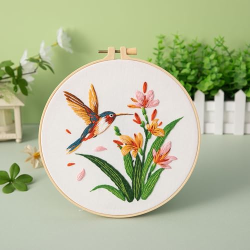 Image of GLTAYLMY 3 Pack Embroidery Kits for Adults, Hummingbird and Flower Embroidery Kit for Beginners with Clear Instructions,1 Plastic Embroidery Hoops, Stamped Patterns, Colorful Threads, Tools