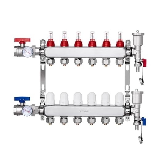 VEVOR Colector de Calor Radiante de 5 Derivaciones, Colector de Tubería PEX de Acero Inoxidable SUS304 para Calefacción por Suelo Radiante Hidrónico, con Adaptadores, 440 x 370 x 110 mm, 0-5 L/min