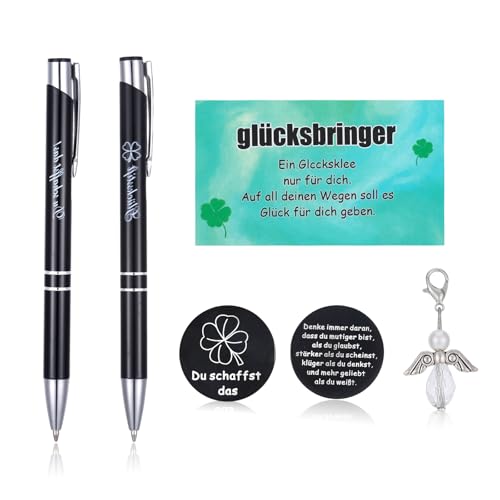 Mutmacher Geschenk Gl&uuml;cksstift Set, 2 Schwarze Kugelschreiber mit Gravur, Kugelschreiber Personalisiert mit Gl&uuml;cksbringer Pr&uuml;fung, Schult&uuml;te Erwachsene, Ausbildungsbeginn Geschenk, Studium Geschenk