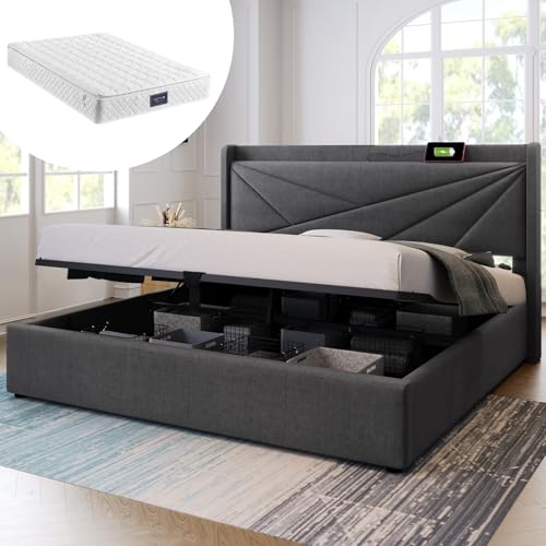 Skcess Cama tapizada de 160 x 200 cm, espacio de almacenamiento, con función de carga USB tipo C, cabecero, cama de almacenamiento, estructura de cama juvenil (con colchón)
