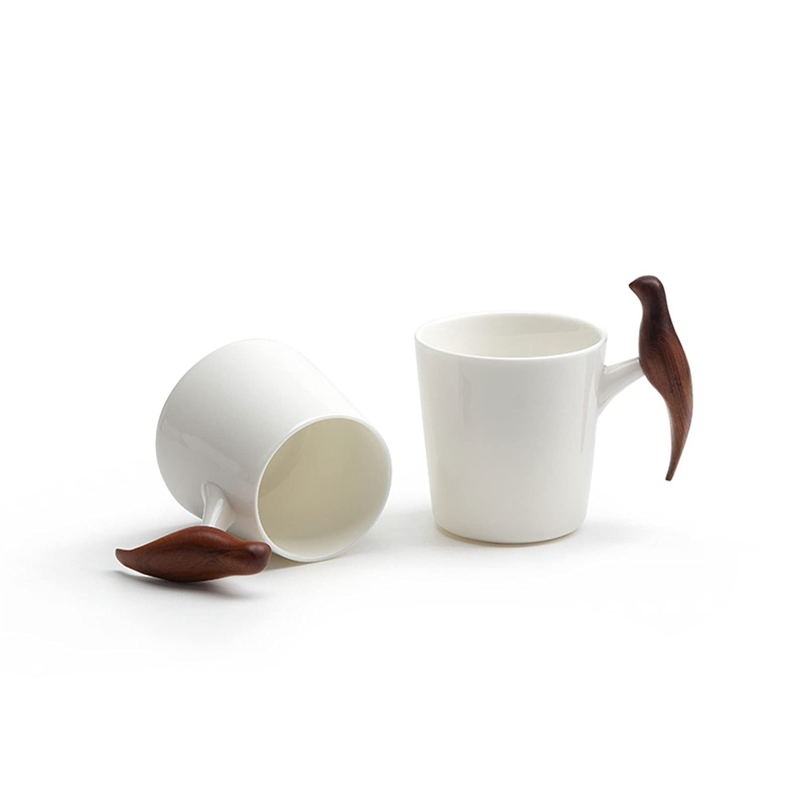 Taza de café, Taza de té, Taza de café de cerámica Blanca con Mango de Madera en Forma de pájaro, Taza de té de cerámica, Vasos para Beber para Parejas (A)
