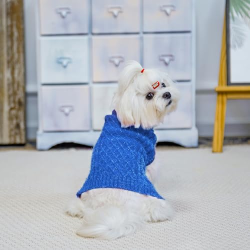 Image of Turtleneck Small Dog Sweaters - Classic Cable Knitwear Winter Coat for Small Medium Dogs Male Female Puppy Dog Cold Weather Clothes Girls Boys, Blue, S
