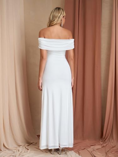 Image of KUTUMAI Women Floral Off Shoulder Maxi Dress Summer Ruched Bodycon Long Formal Wedding Guest Dresses 2026