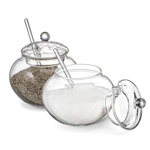Glass Sugar Bowl with Spoon and Lid Set of 2, Airtight and Easy to Access, Transparent Storage Jars for Home Kitchen, Coffee Bar, Restaurant, Suitable for Storing Sugar, Creamer, Honey