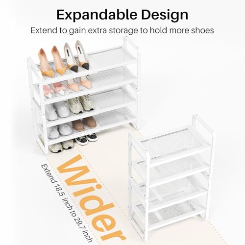 Image of SNTD Shoe Rack - Expandable Shoe Organizer for Closet, Adjustable Metal Shoe Shelf Storage, Stackable Long Shoe Stand Holder for Garage, Entryway, Door Entrance (White, 4-Tier)