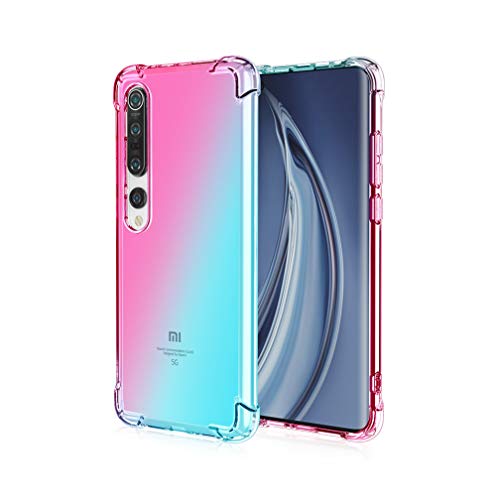 HAOYE para Xiaomi Mi 10 5G Funda, Funda Gradiente Transparente TPU, Carcasa Cristal Ultra Slim Flexible Suave Silicona TPU Bumper, Reforzar la Cuatro Esquinas Case Cover (Rosa/Verde)