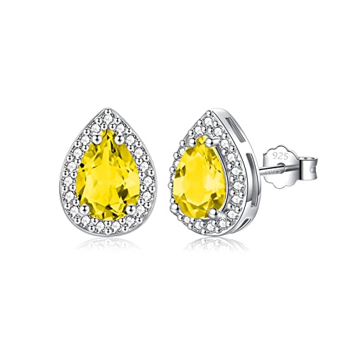 Image of Silver Stud Earrings for Women, 925 Sterling Silver November Birthstone Topaz Earrings, White Gold Plated Teardrop Cubic Zirconia Stud Earrings, Birthday Gift Brides Bridesmaids Wedding Present