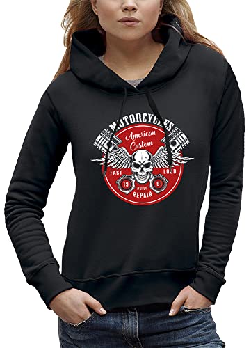 Sweat à Capuche Biker Femme Crane Piston Vêtement American Custom Noir