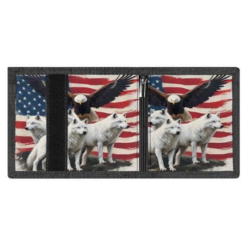 Men's Slim Wolves And Eagles Wolf American Flag Trifold Wallet, Fold Wallet with Multiple Card Slots And Key Chain, High Capacity Wallets for Travel4