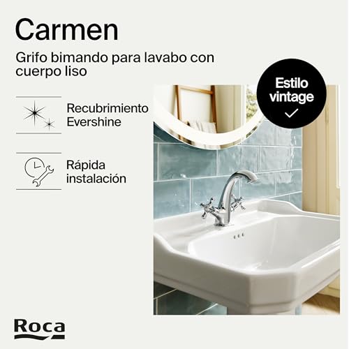 Miniatura 2 de Roca,Carmen,Grifería Bimando Para Lavabo Con Desagüe Click-Clack, Cuerpo Liso,A5a3a4bc00