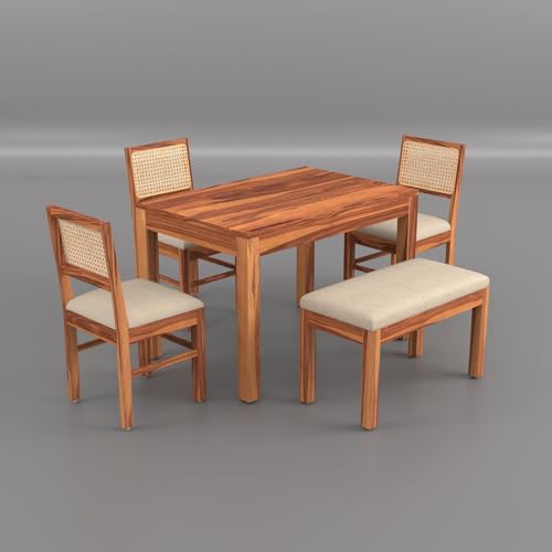 Image of Solid Wood Cane 4 Seater Dining Table Set | Four Seater Dining Table With 3 Cushions Chairs & 1 Bench For Dining Room | 4 Seater Dining Set for Hotel Restaurant | Sheesham, C-Honey