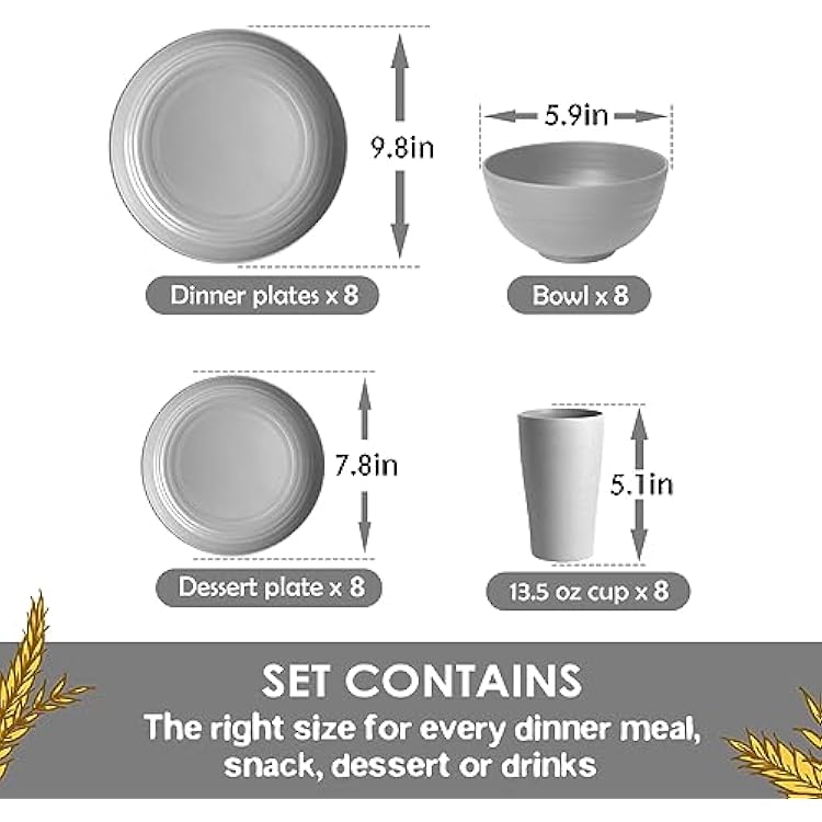 Teivio 32-Piece Kitchen Plastic Wheat Straw Dinnerware Set, Service for 8, Dinner Plates, Dessert Plate, Cereal Bowls, Cups, Unbreakable Colorful Plastic Outdoor Camping Dishes, Light Gray