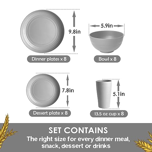 Teivio 32-Piece Kitchen Plastic Wheat Straw Dinnerware Set, Service for 8, Dinner Plates, Dessert Plate, Cereal Bowls, Cups, Unbreakable Colorful Plastic Outdoor Camping Dishes, Light Gray by Teivio - Image 2