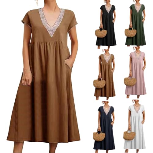 Vestido Midi de Lino para Mujer, Cuello en V, Manga Corta, Falda Larga Suelta para Vacaciones (Medium,Shape-E)