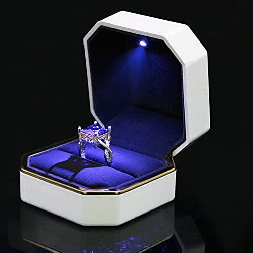 Image of Luxury Ring Box, Square Velvet Wedding Ring Case Jewelry Gift Box with LED Light for Proposal Engagement Wedding, White