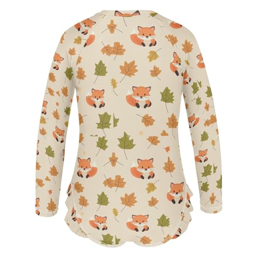 Cute Fox and Autumn Leaves Girls Long Sleeve Swimsuit Rash Guard One Piece Bathing Suits Zipper 3-12T3