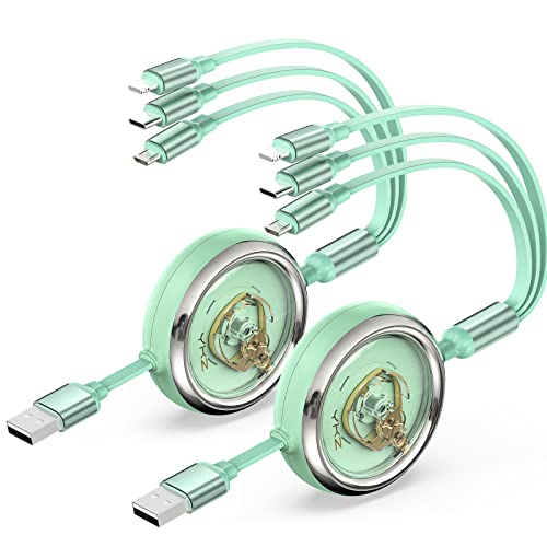YKZ Multi Charging Cable 2Pack, 3-in-1 USB Retractable Phone Charger Cord with USB C/Micro USB/IP Port for Phones and Tablets, Perfect for Car/Travel, 3A/3.6FT