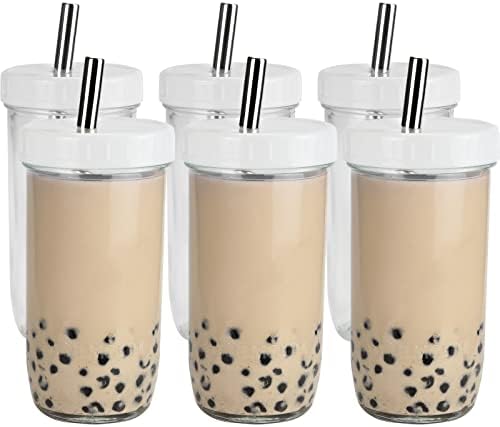 Lopecae 24 oz Bubble Tea Cups 6 Pack, Iced Coffee Cups Mason Reusable Wide Mouth Glass Smoothie Cups With With White Lids and Silver Straws Mason Jars Glass Cups, Travel Glass Drinking Bottle