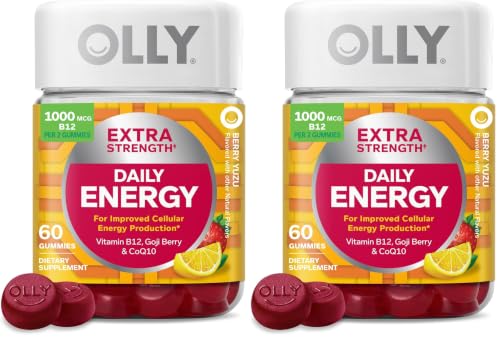 Image of OLLY Extra Strength Daily Energy Gummy,Caffeine Free,1000mcg Vitamin B12,CoQ10,Goji Berry,Adult Chewable Supplement,Berry Yuzu Flavor -,60 Count (Pack of 2)
