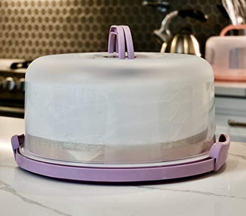 Top Shelf Elements Round Cake Carrier Two Sided Cake Holder Serves as Five Section Serving Tray, Portable Cake Stand Fits 10 inch Cake, Cake Box Comes With Handle, Cake Container Holds Pies (Lilac) - Thumbnail 5