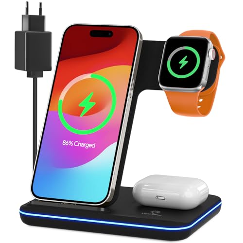 Induktive Ladestation für Apple Wireless Charger 3 in 1: 2024 Neu Kabelloses Ladegerät für iP.Hone 16/15/14/13/12/11/Pro/Max/XS/XR/X/8/Plus, Apple Watch 2/3/4/5/6/7/8/9/10 und Air.Pods