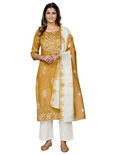 Image of Vbuyz Women's Printed & Embroidered Straight Cotton Stitched Kurta With Dupatta