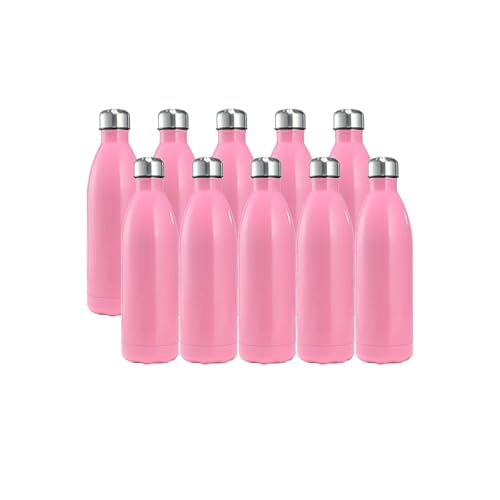 10 pezzi Borraccia termica da 1 l, in acciaio inox, elegante, isolante, mantiene caldo e freddo, con coperchio a tenuta stagna al 100% (colore rosa, 1 l, confezione da 10)